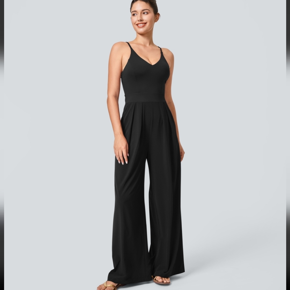 180. New HALARA Black Wide-Leg Jumpsuit V-Neckline Spaghetti Straps Small